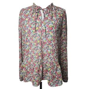 Gap Floral Chiffon Long Sleeve Tie Neck Ruffle Sheer Blouse Size Medium